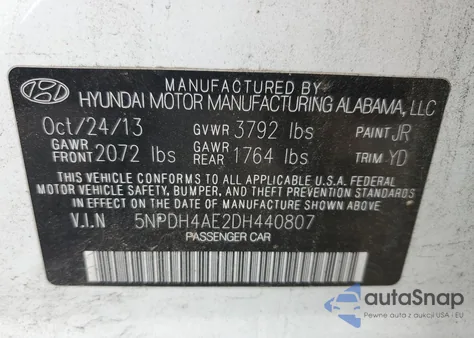 2013 Hyundai Elantra Gls z USA, uszkodzony, nr VIN 5NPDH4AE2DH440807